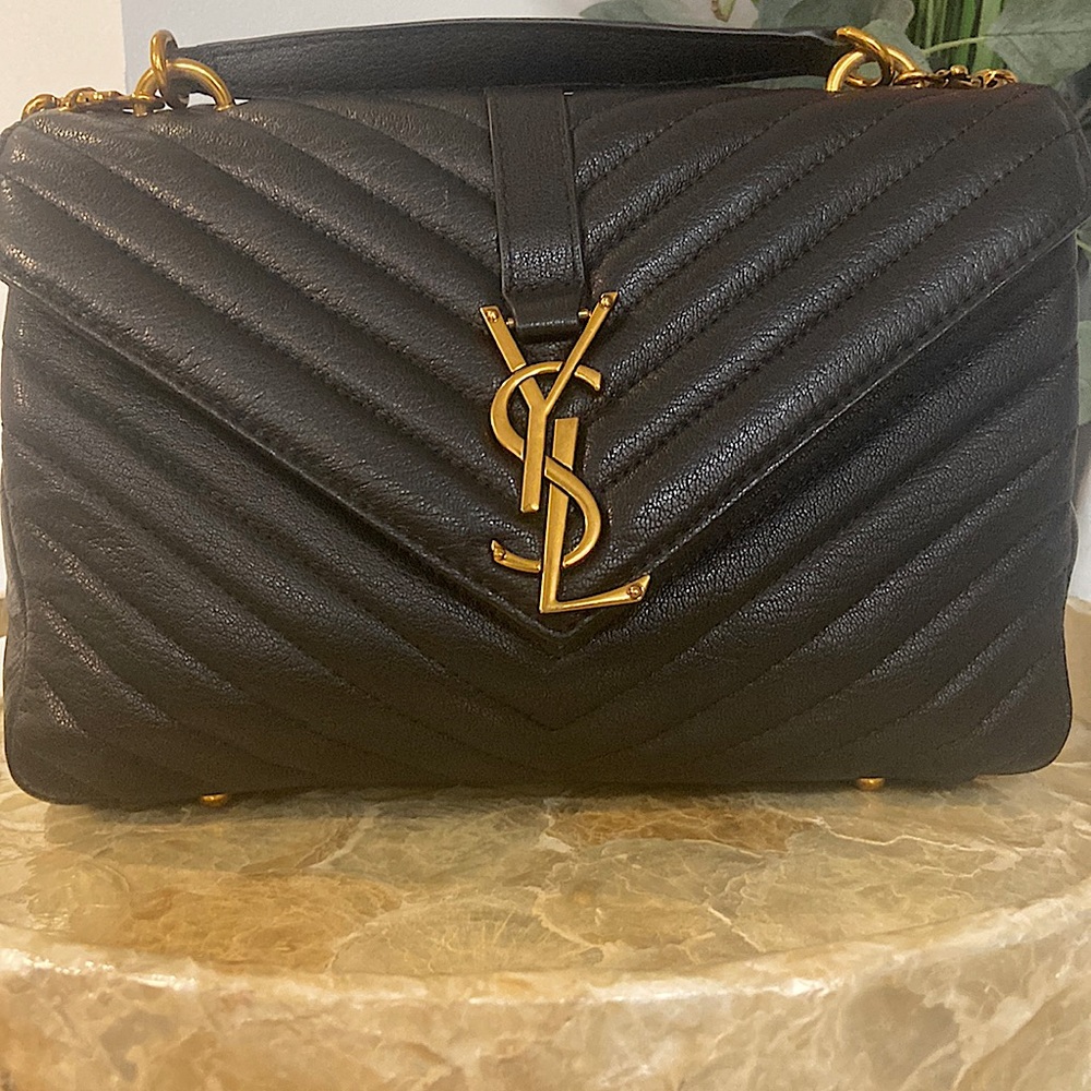 Gorgeous Y S L bag, loulou style, Black quilted leather with gold chains. Beauty